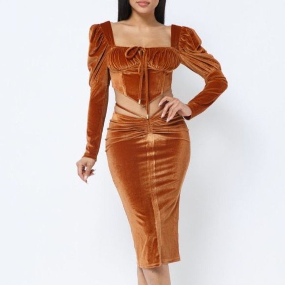 CINNAMON COLOR VELVET MIDI SKIRT TOP FOR PARTY NIGHT CLUB WEDDING Size S, M, L